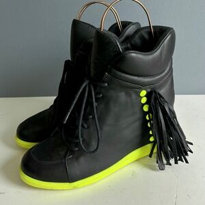Modern Vice Black Leather Sneakers Women's Size 8 Wedge Boots Fringe Neon Glam